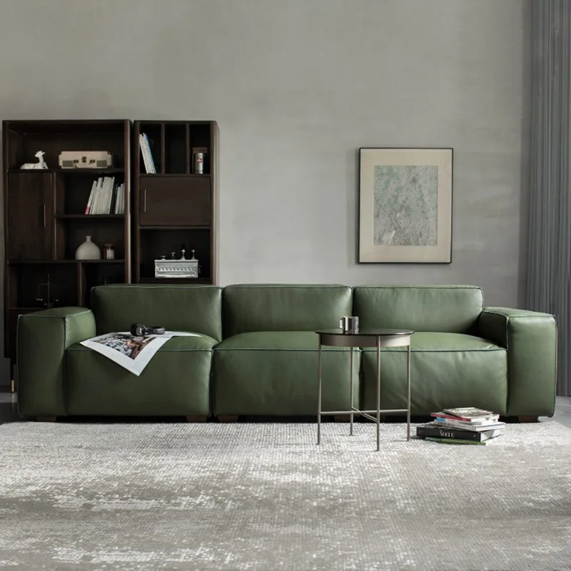 High-end all-leather tofu sofa, antique cream style Italian style in the living room, minimalist straight row semi-green