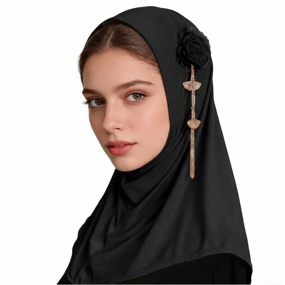 Comfort Round Edge 3D Flower Tassel Hijab Stretch Solid Color Head Scarf High-Elasticity Lightweight Head Wrap Festival Prayer