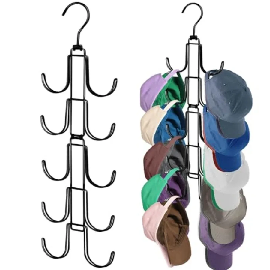 

Hat Organizer for Closet, Collapsible Caps Rack with 10 Rotatable Large Hooks, Holds Up to 40 Baseball Caps, Metal Space Saving