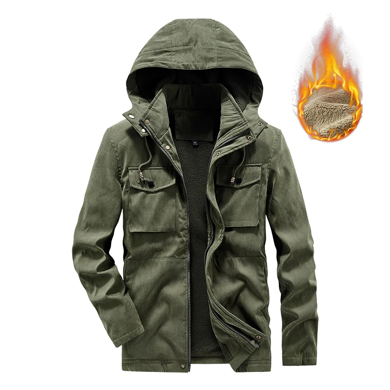 عالية الجودة الرجال جاكيت من الصوف الشتاء حجم كبير صوف الضأن سترات مقنعين القطن سميكة متعددة جيب معطف انفصال قبعة