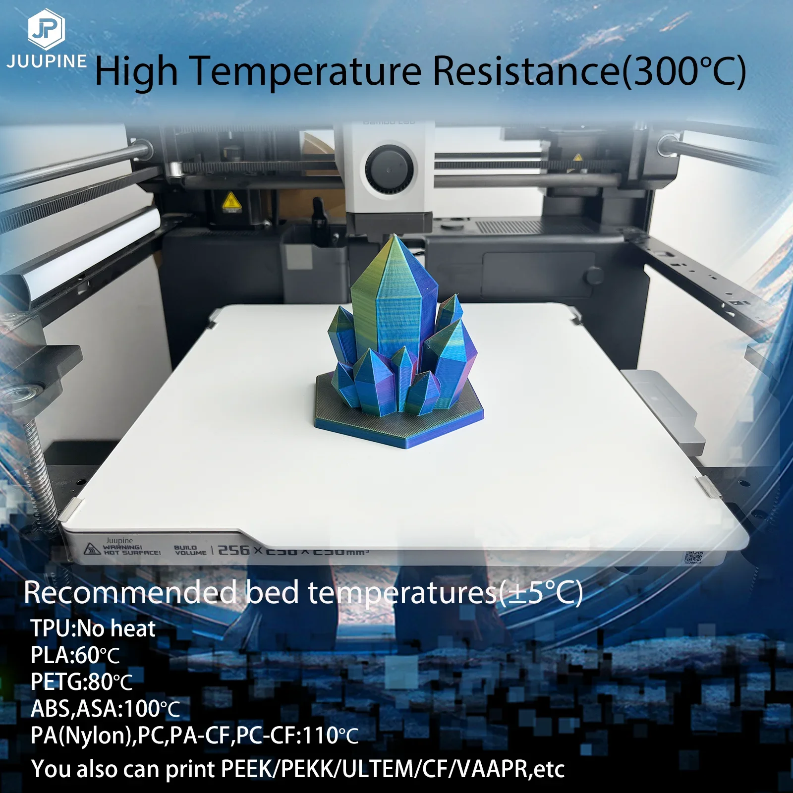 Juupine Super adesione TK99 PEI sostituzione per Bambu Lab Build Plate 257x257 liscia resistenza alle alte temperature per Bambulab P1s X1c