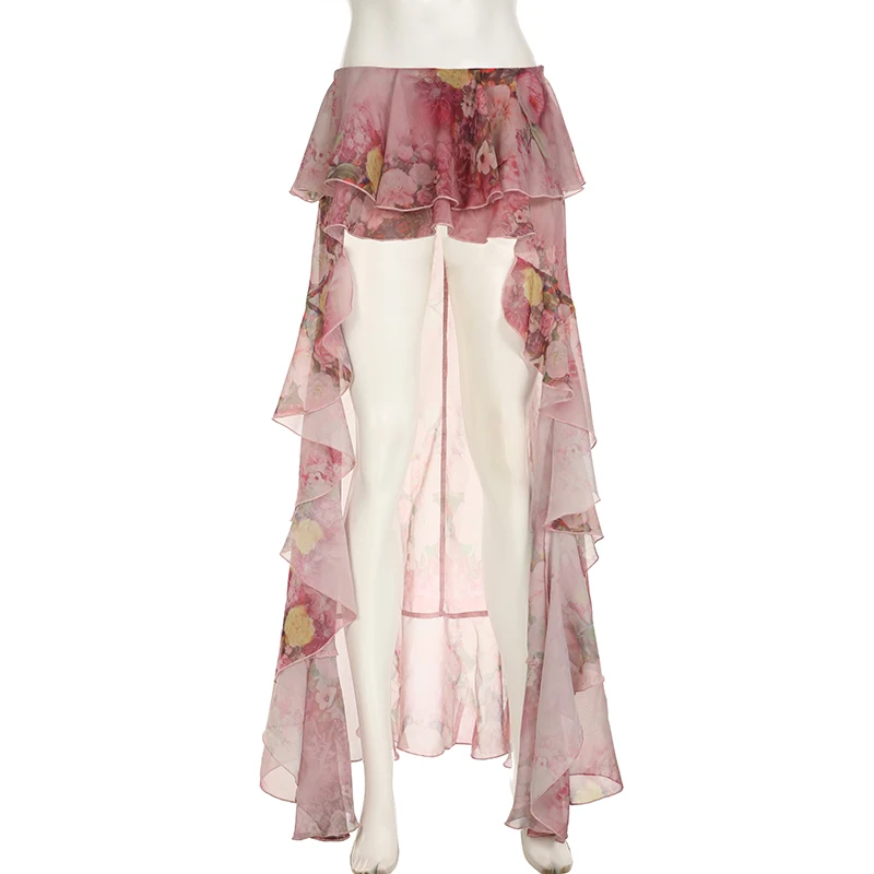 SUCHCUTE Y2K Vacation Floral Printed Long Skirts Holiday Beach Sexy Low Waist Aesthetics Lace Skirt Women Grunge Party Outfits image 5