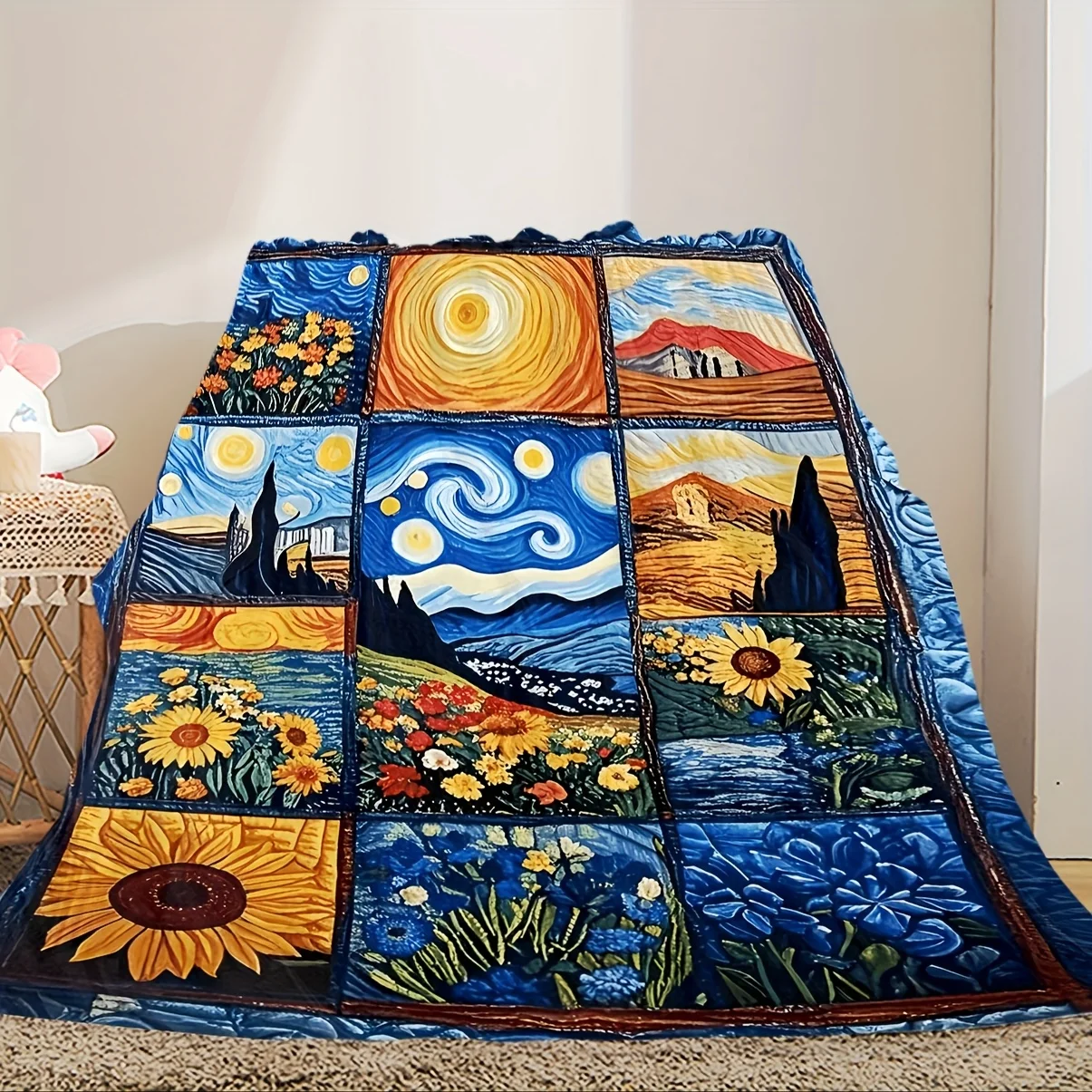 Van Gogh Masterpiece Quilted Flannel Blanket - Soft, Lightweight, Warm | Vibrant Art Design with Starry Night & Sunflowers