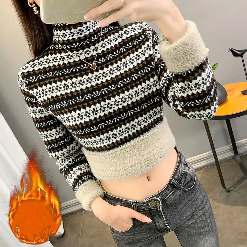 Autumn and Winter Women's Stripe Colored Half High Collar Long Sleeve Slim Pullover Fleece Underlay Fashion Casual Vintage Tops