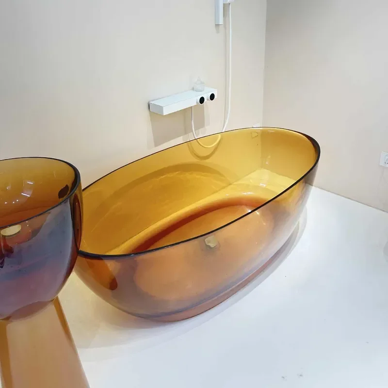 Oval Freestanding Bathtub Transparent Resin Artificial Stone Solid Surface Soaking Tub for Modern Bathroom Spa