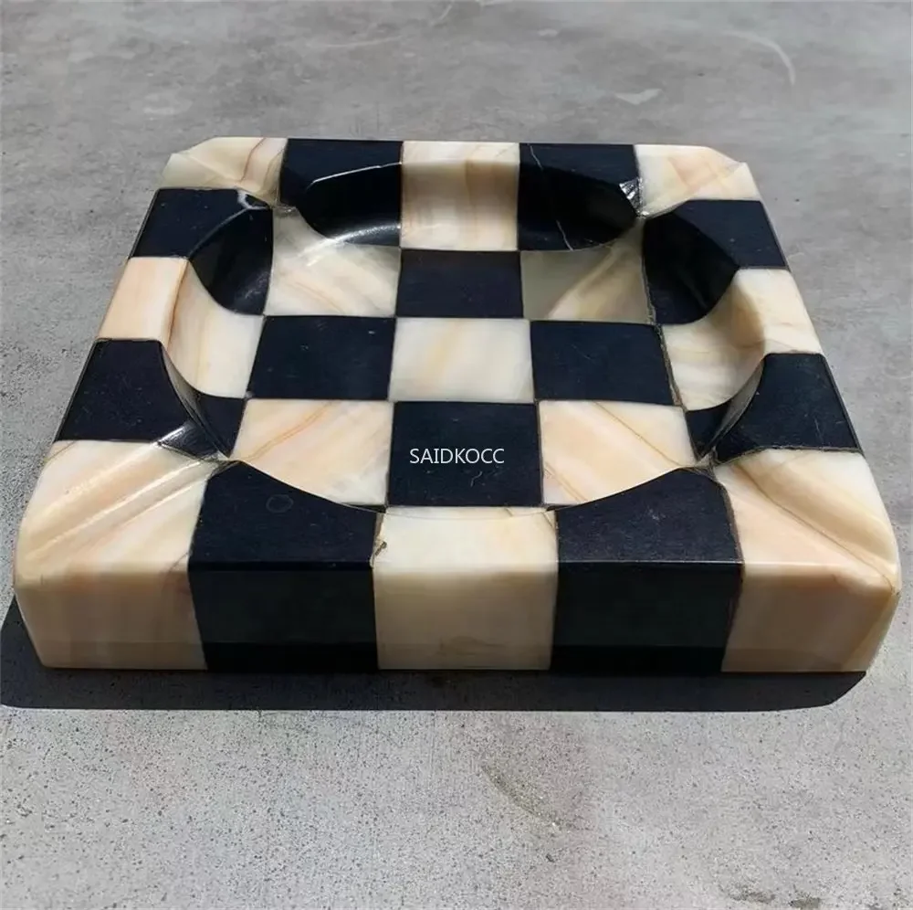 Wholesale 20pcs Customized Squared Genius Natural Marble Travertine Onyx Checkered Ashtray 6'' Catchall Tray Polished Surface