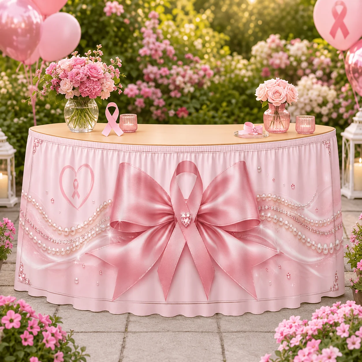 One tablecloth and table skirt. Breast cancer awareness theme table skirt. Elegant pink satin bow. Pink silk.zyc