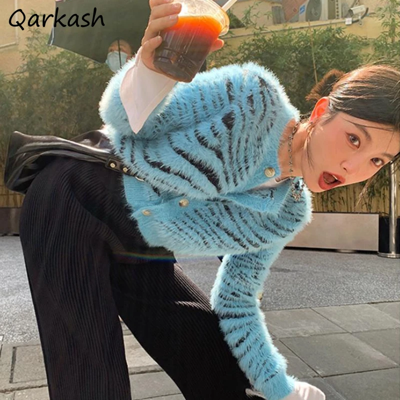 

Женский свитер «Зебра», Модный корейский укороченный Пушистый свитер, Красивая Женская Осенняя уличная Ретро эстетичная трикотажная одежда