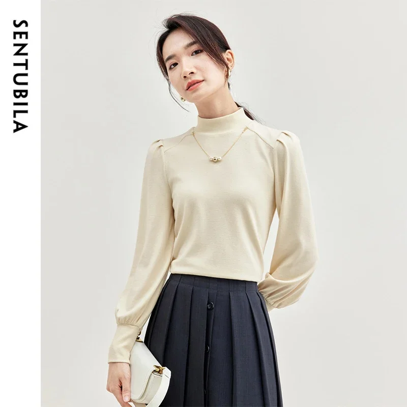 

SENTUBILA Cotton Knit Slim Fit Pullovers Women 2025 Autumn Hight Collar Pearl Chain Lanter Sleeve Elegant Tops Ladies 143H56768X
