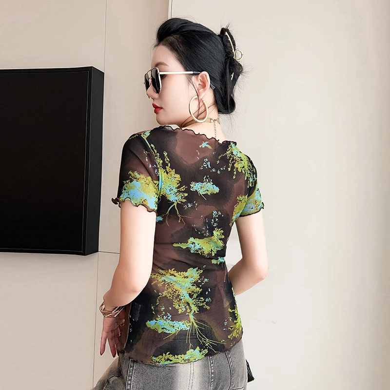 New summer european clothes t-shirt chic sexy o-neck spliced drape print women tops short Sleeve bottoming Shirt tees