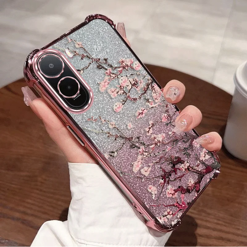 Glitter Plating Cover For Xiaomi Poco C81 Pro 4G Case TPU Four-corner Shockproof Flower Pattern Fundas