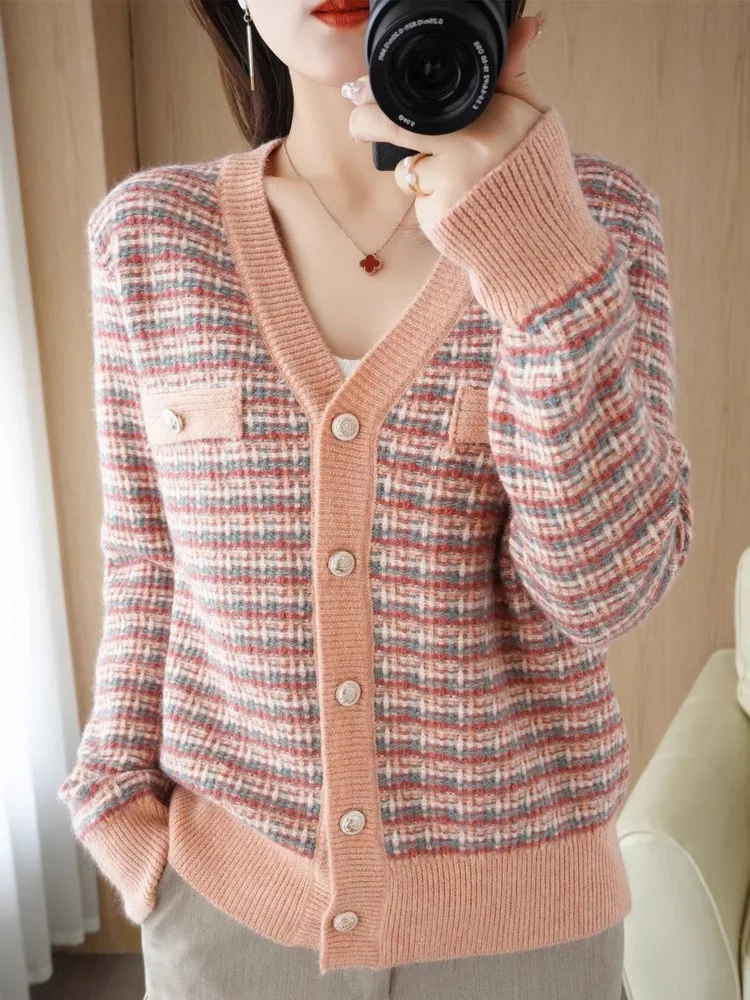 Nuevo 2025 Cárdigan abierto de punto largo Sve para mujer Casual V-Ne Prendas de abrigo sueltas irt Suave Cómodo Viaje Sle Plaid P...