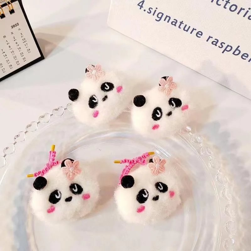 Cute Panda Hair Clip Set for Girls with High Elasticity Lace Rubber Bands and Sweet Plush Hair Ties