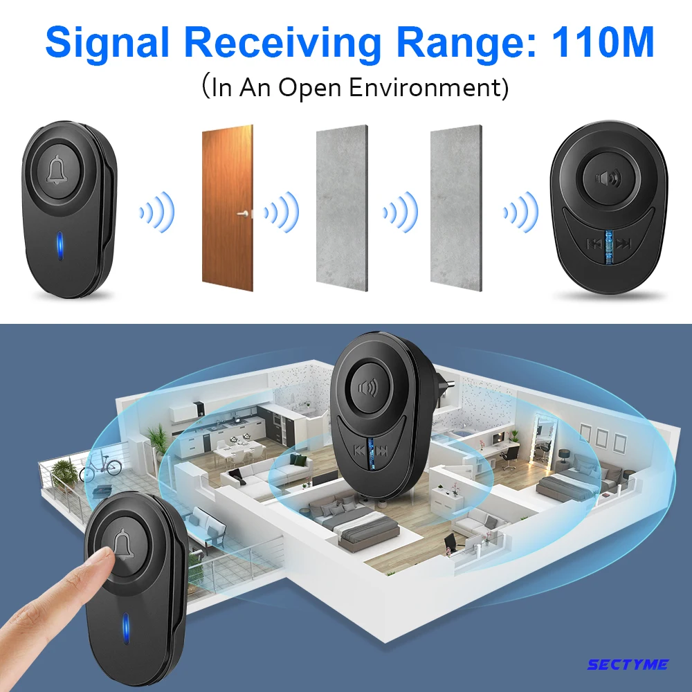 Sectyme intellige campainha sem fio à prova d\' água ao ar livre porta de casa inteligente sino plugue da ue 48 acordes led flash de alarme de