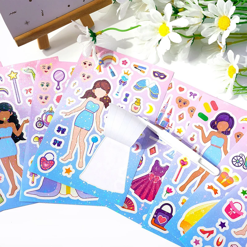 8PC/Set Fairy Tale Princess Face Change Sticker Cute Colorful Dress Up Sticker for Scrapbook Journal DIY Cartoon Girl Puzzle Toy