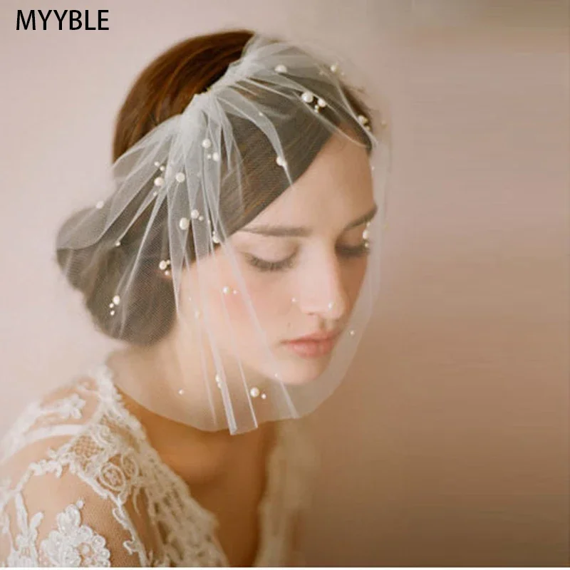 

MYYBLE Tulle Blusher Veil Pearls Elegant Wedding Accessories for Bride Girls One Layer Beaded Womens Bridal Veils Voile Mariage