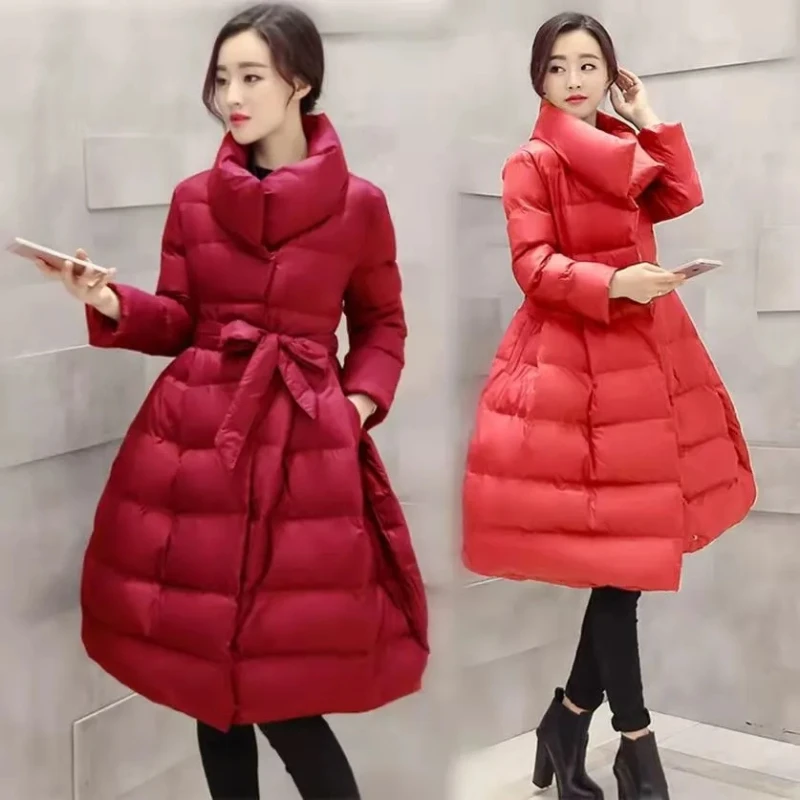 2025 jaqueta de inverno novo casaco de algodão feminino parkas comprimento médio coreano fino vermelho fofo quente algodão acolchoado casaco