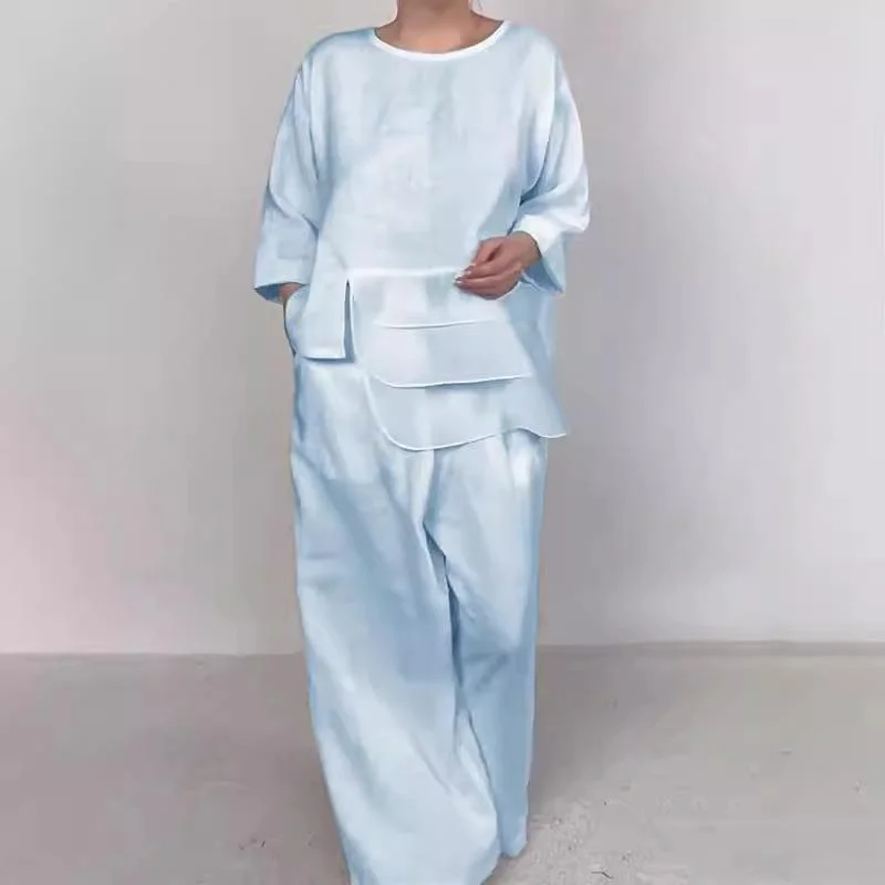 Autumn 2024 New Independent Station round Neck Satin Layered Design Top Wide Leg Pants Set Women's Fashion Set Winter Pure Color