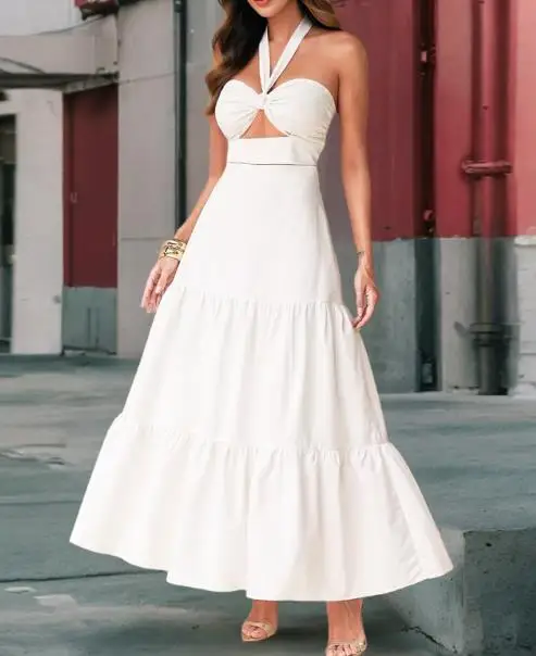 Novo estilo feminino saia evasê, 2025 vestido feminino moda primavera e verão sexy magro-encaixe sem alças halter saia em camadas