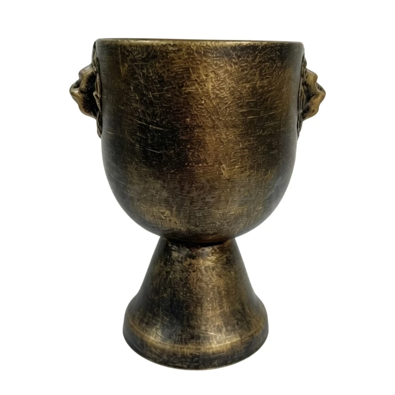 Aged Bronze Urn Pot with Side Handle for Tabletop Flower Display, Antique Lions Head Planter Pot, Windowsill Arrangement, B03E