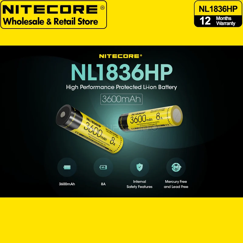 

High Performance NITECORE NL1836HP 3600mAh 8A Protected Rechargeable Li-ion Battery 18650 by CE certified