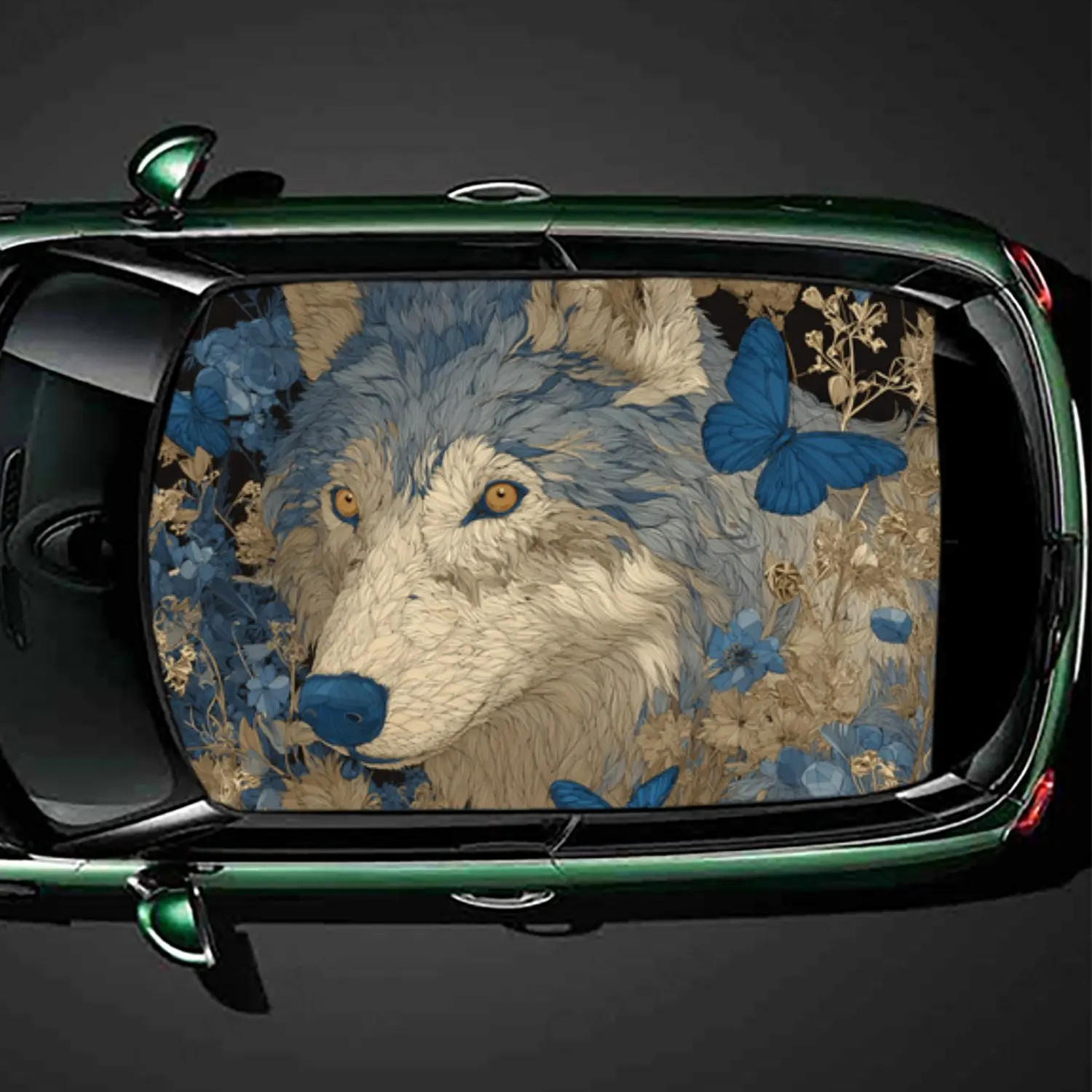 

Blue Butterfly & Wolf Car Roof Vinyl Wraps Sticker, Auto Decal, Artistic Vehicle Decoration, Self-adhesive Waterproof Car Exteri