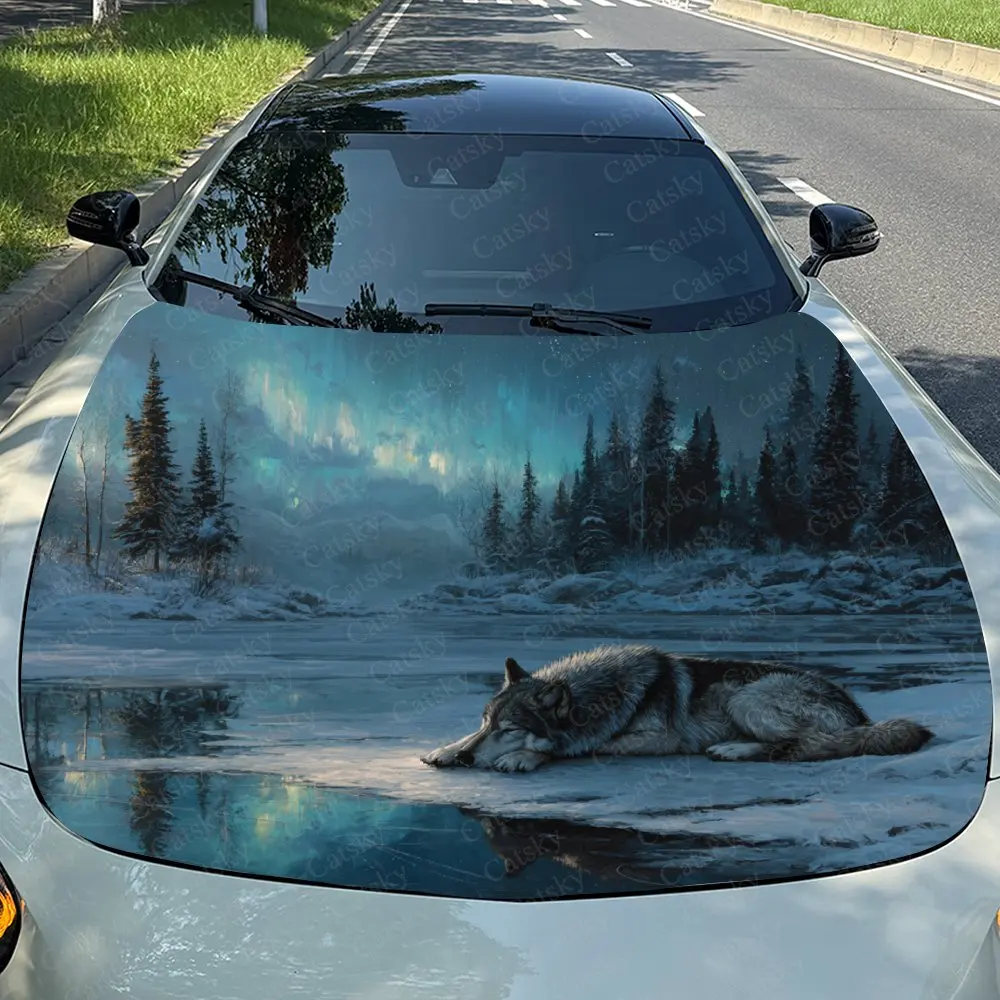 Icewolf Under Aurora Car Hood Sticker - Durable Vinyl Film, Splash Proof And Easy To Remove, Suitable For All Car Models - Car P