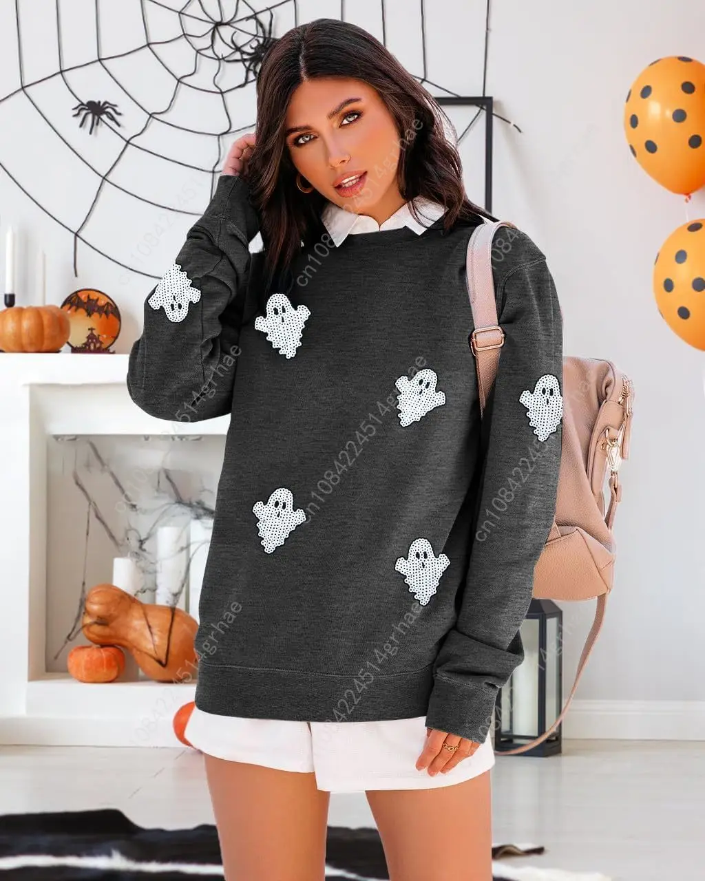 Women Halloween Sweatshirt Oversized Sequin Ghost Shirts Spooky Season Halloween Sweater Crewneck Fall Pullover Tops