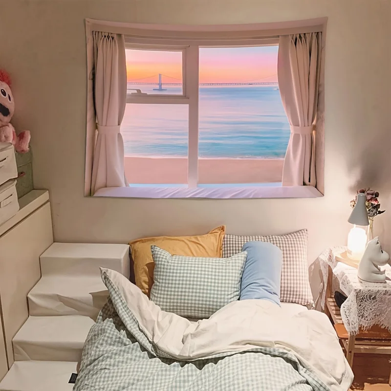 VIKAMA Pink-Purple Sunset Seascape Tapestry Instagram-Inspired Dormitory Wall Transformation Decorative Tapestry