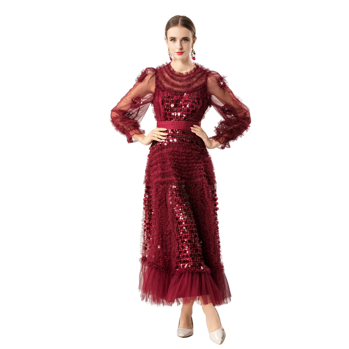 Vestido maxi feminino de manga comprida com lantejoulas borgonha e tule com babados, vestido de gola alta com cintura justa e saia em camadas vestido elegante