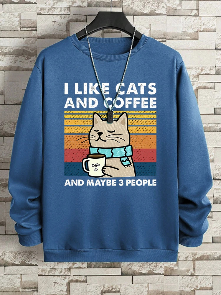 I Like Cats And Coffee And Maybe 3 People Man Hoodies Hip Hop Fleece Sportswear Fashion Crewneck Clothes Autumn Pullover Couple