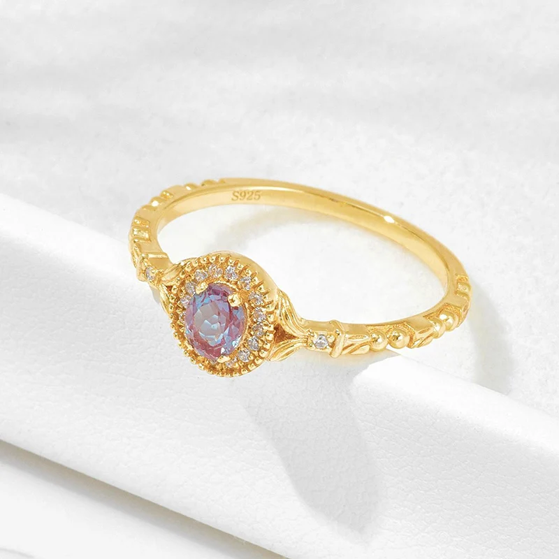 LAMOON Vintage Bijou Alexandrite Ring For Women 925 Sterling Silver Thin Change Color Ring Gold Plated Fine Jewelry Accessories