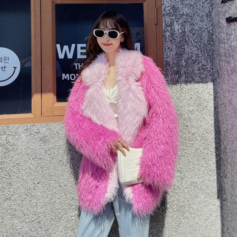 Mongolia Sheep Fur Coat for Women Winter Clothes Long Faux Fur Coat Pink Patchwork Plush Jacket Synthetic Fur KoreanToka 2023