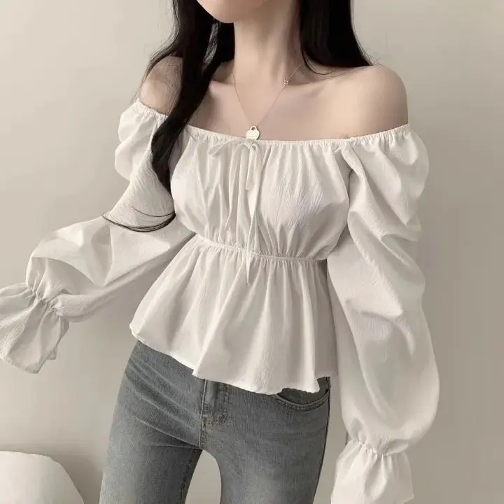 Korean Autumn Aging Retro Style Sweet Square Collar Strap Waist Lotus Leaf Horn Sleeve Fashion Shirt