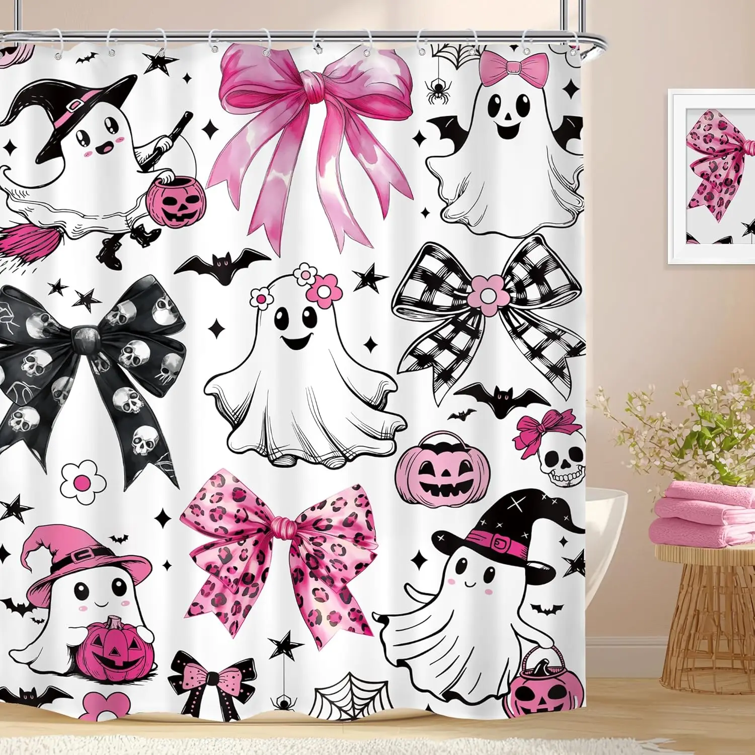 

Занавеска для душа на Хэллоуин, милый забавный призрак, жуткий розовый тыква, цветочный бант, конфеты, милая детская ткань для девочек, водонепроницаемая ткань