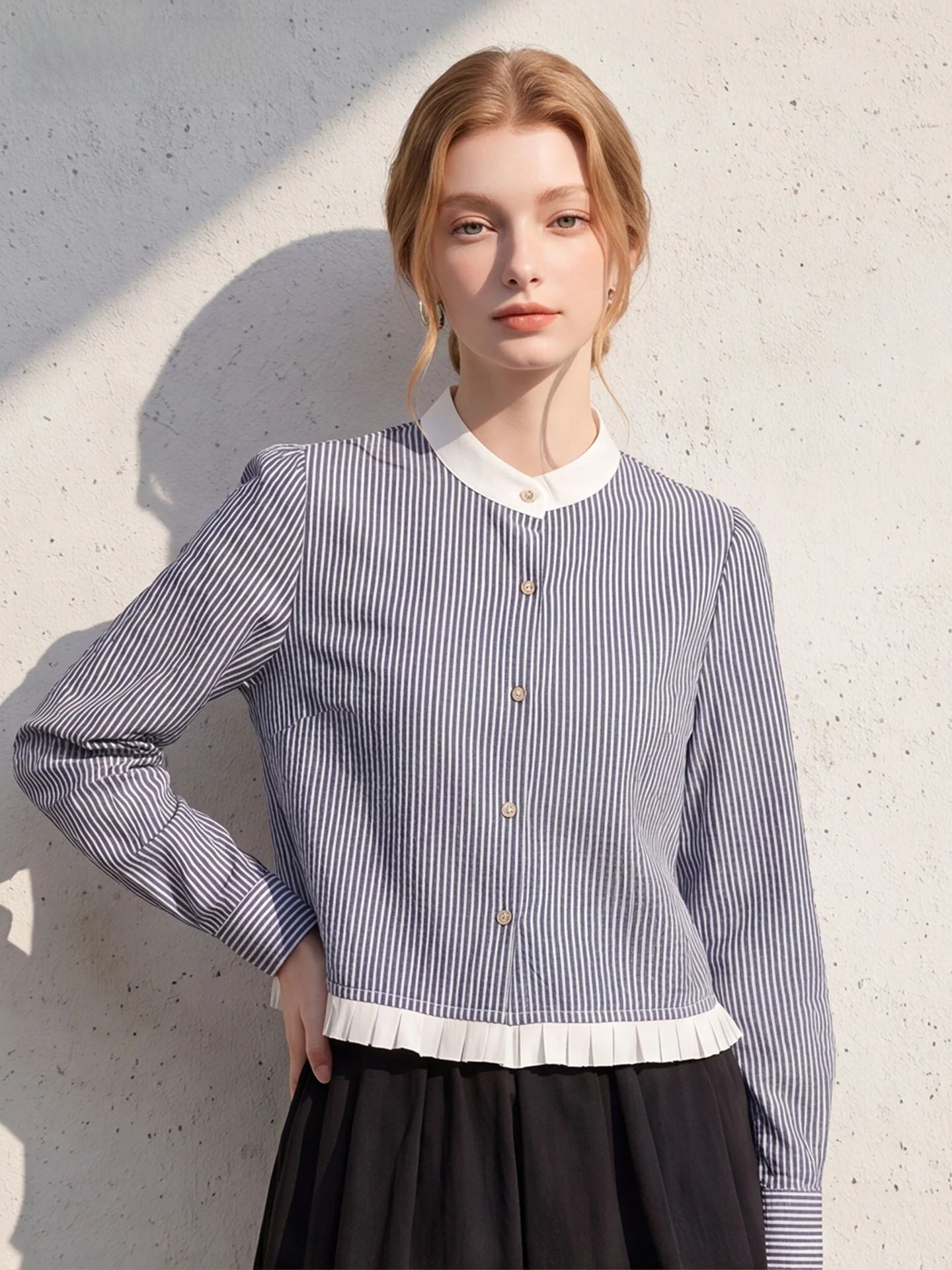 Lachapelle Fashionable Striped Long Sleeve Short Shirt Stand Collar Color Block Autumn 2026 Women's Premium Quality Top