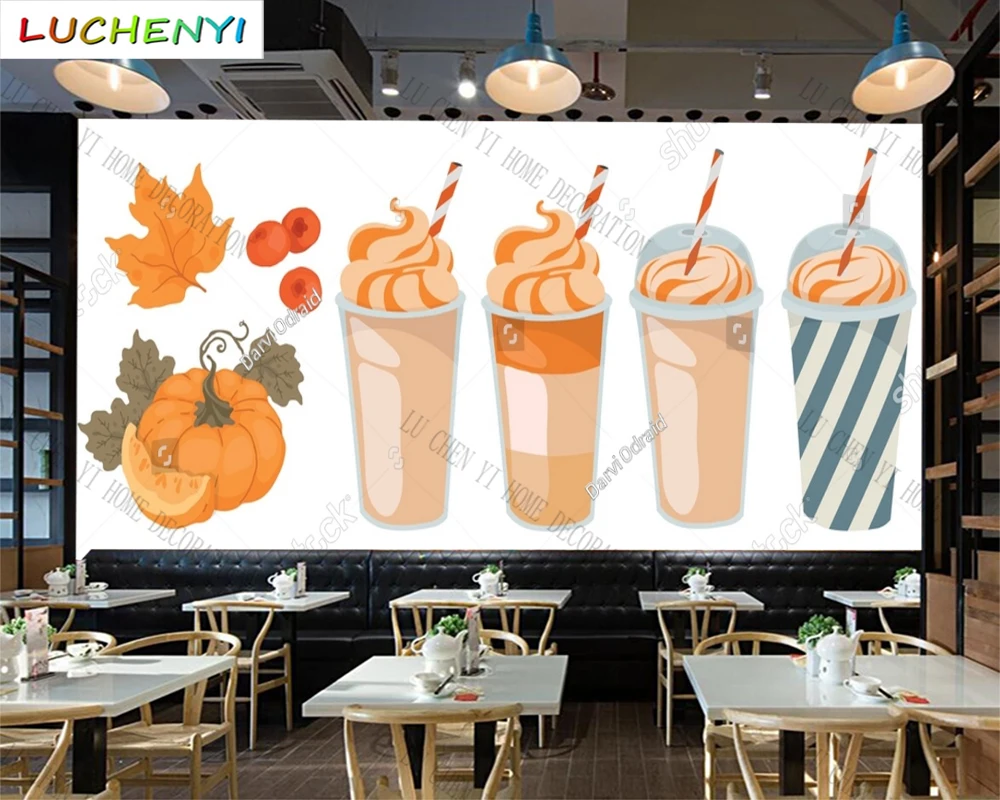 Custom ice cream bubble tea juice mural wallpaper restaurant cold drinking shop dining room wall papers home decor sticker