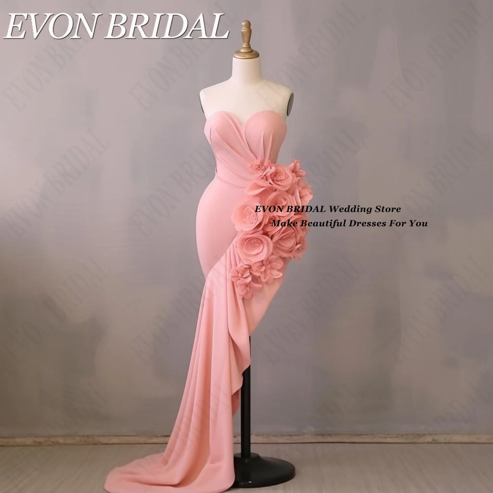 EVON BRIDAL 2024 Prom Dresses Blush Pink Chiffon Flowers Formal Evening Party Women Romantic Mermaid Inclined Knee-Length 프롬드레스