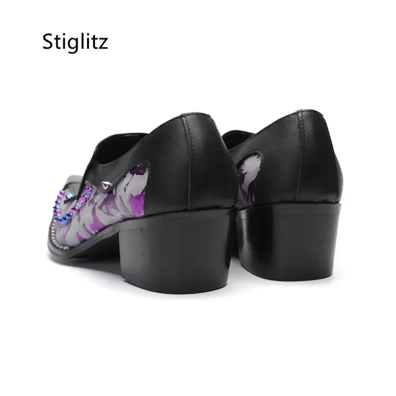 Black Purple Patchwork Leather Shoes for Men Metal Toe Rivet Casual Business Shoes with Heels Fashion Party Banquet Dress Shoes