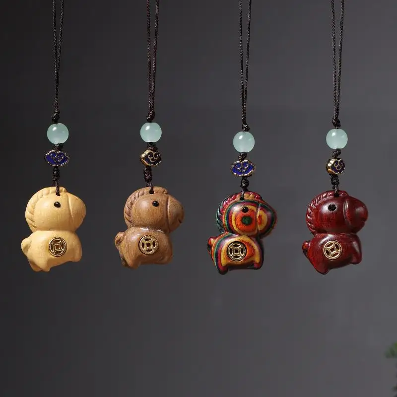 Porte-clés Cheval du Zodiaque 'Devenir Riche', en bois et corde, fait main, style chinois, en bois de santal, pour téléphone, cordon, porte-clés, Nouvel An
