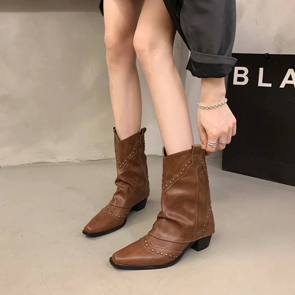 New Trendy Vintage Pointy Toe Slip-on Rivets Mid-calf Cowboy Boots for Women Fashion Cowgirl Western Boots Women Shoes Boots