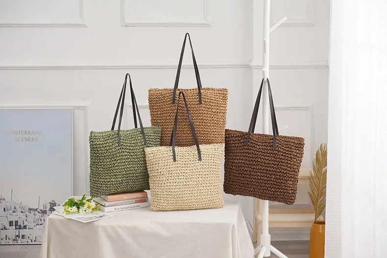 Große Kapazität Papier-Gras-Stroh Gewebte Körbe Quadratische Damen-Handtasche Mehrfarbige Umhängetasche für Frauen – Detail 8