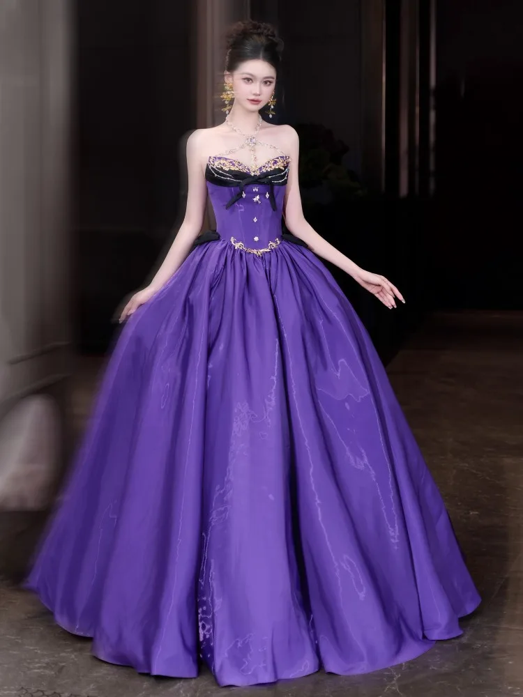 Abiti da ballo principessa viola Abiti da ballo in cristallo con scollo all'americana in metallo Decro Uva Abito da sera a linea con fiocco nero Abito formale per ragazza carina Nuovo