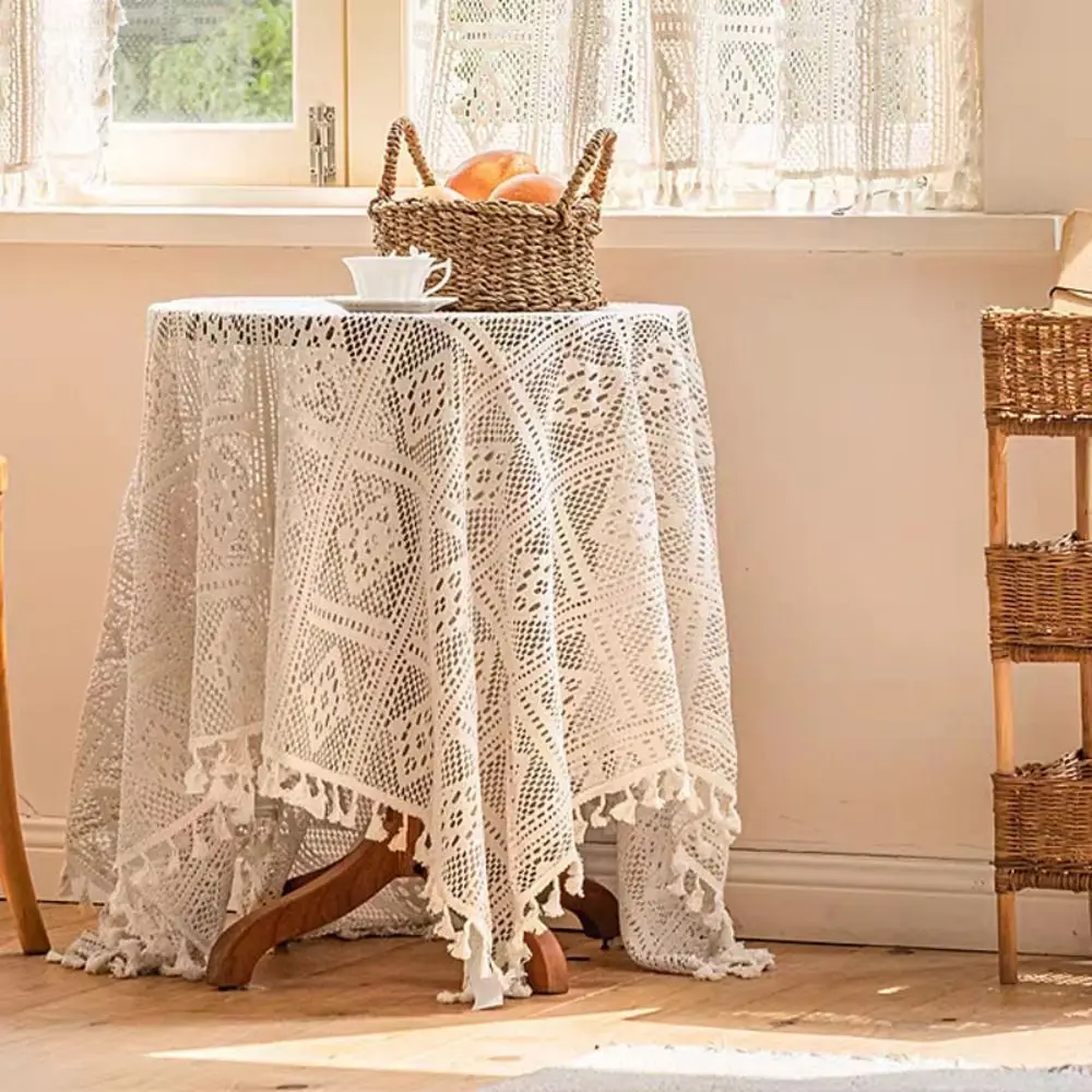French Style Lace Tablecloth Fringe Design Openwork Embroidered Tablecloth Minimalist Photo Props Tea Table Cloth Wedding Party