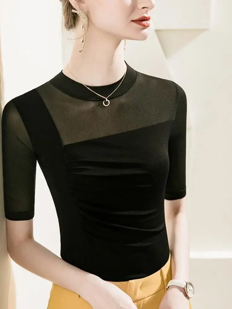 Stand Up Collar Mesh Base Shirt For Women, Slim Fit With Five Quarter Sleeves, 2025 Summer New Mid Sleeve Dance Top T-Shirt