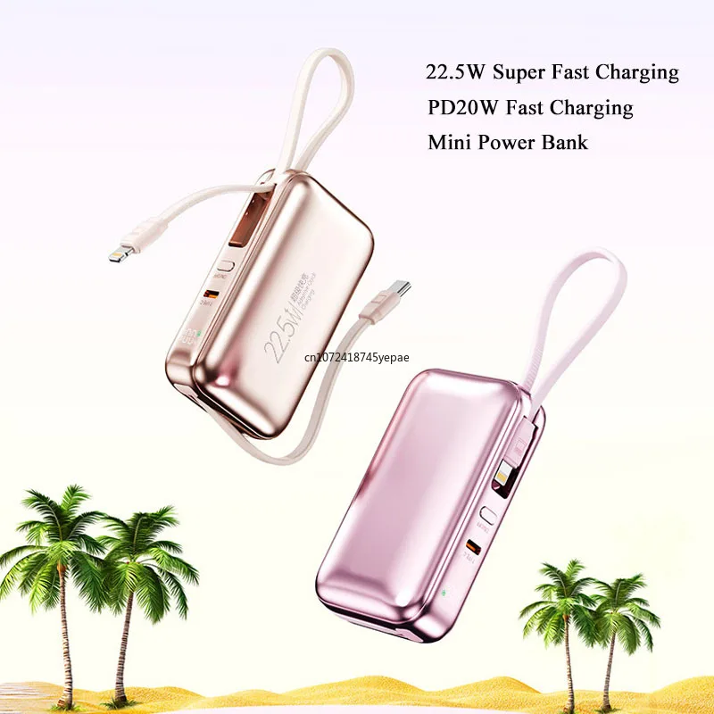 Mini Power Bank 10000mAh 22.5W PD20W Two Way Fast Charging Portable Charger External Battery Pack Built in Cables Powerbank New