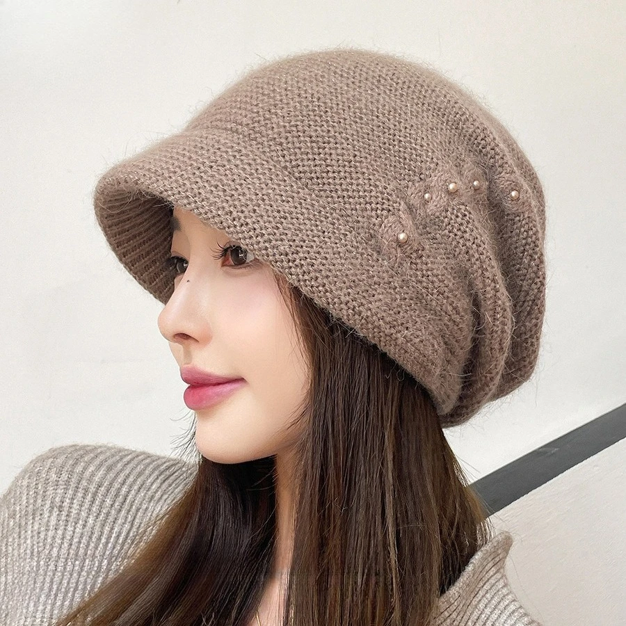 Simple New Rabbit Hair Knitted Stacking Hat Twist Texture Pearl Wool Hat Korean Version Trendy Simple Pullover Hat Women