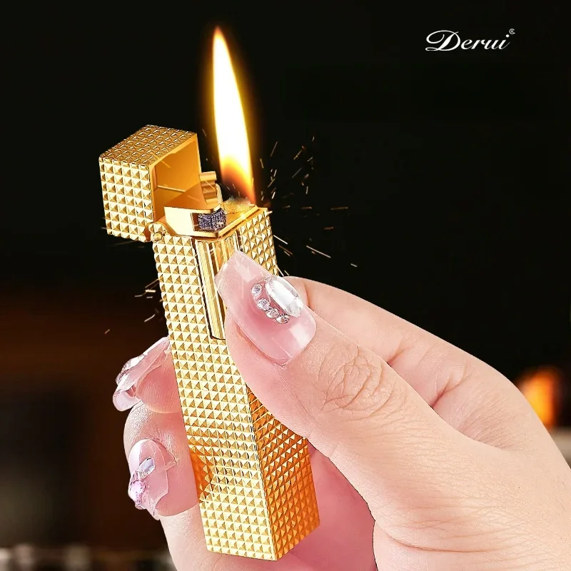 DERUI Zinc Alloy Paris Nail Slim Narrow Edition Kerosene Lighter Side Pulley Ignition Portable Lighters Smoking Exquisite Gifts