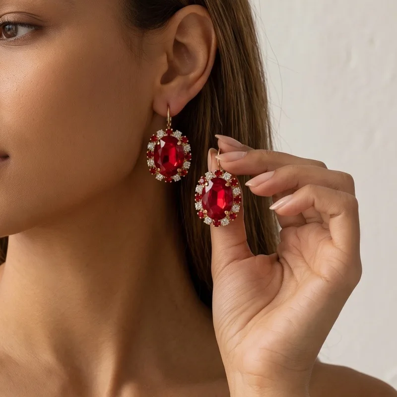 Cross-border popular oval red gemstone pendant inlaid with zirconium gold-plated fashion commuter earrings small diamonds random
