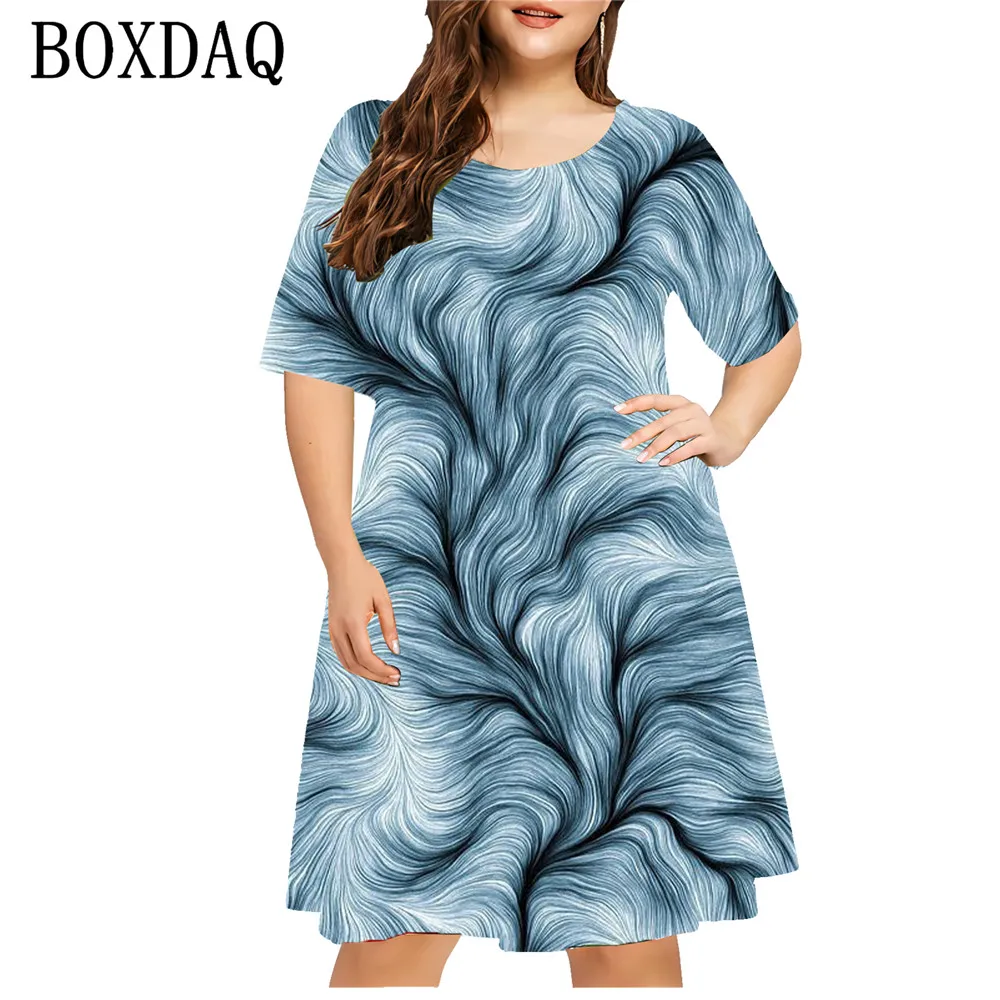 Vestidos a rayas geométricas para mujer, talla grande, informal, estampado 3D, suelto, talla grande, manga corta, moda de verano